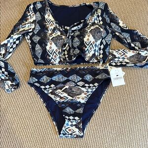Navy Geometric Long Sleeve Bikini Set with High-Waist Bottoms